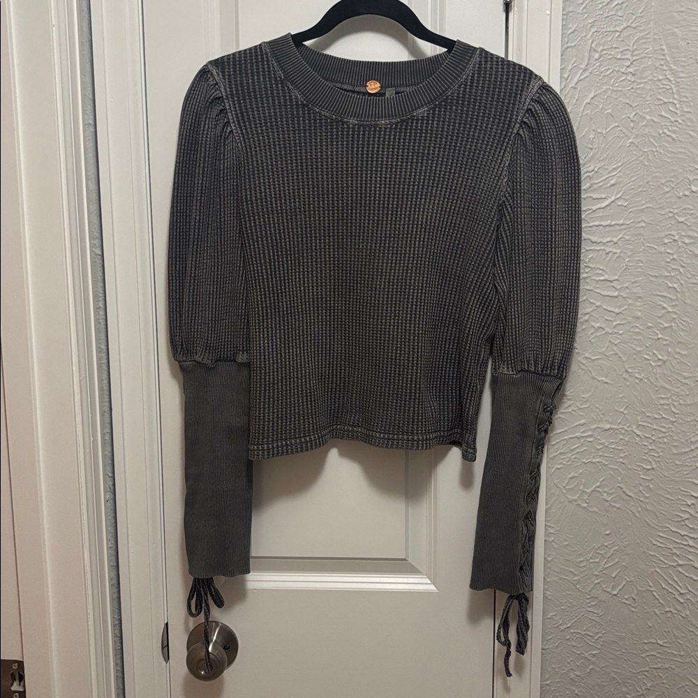 Free People Charcoal Waffle Knit Puff Sleeve Sweater - Picture 2 of 7